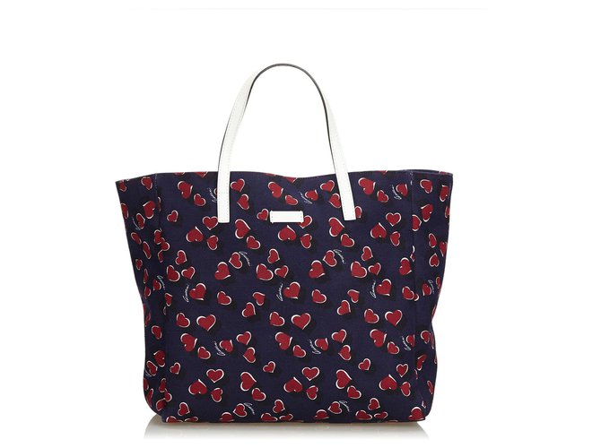 Gucci Blue Canvas Hearvery good conditionat Tote Bag Red Dark red Navy blue Leather Cloth Cloth  ref.123131