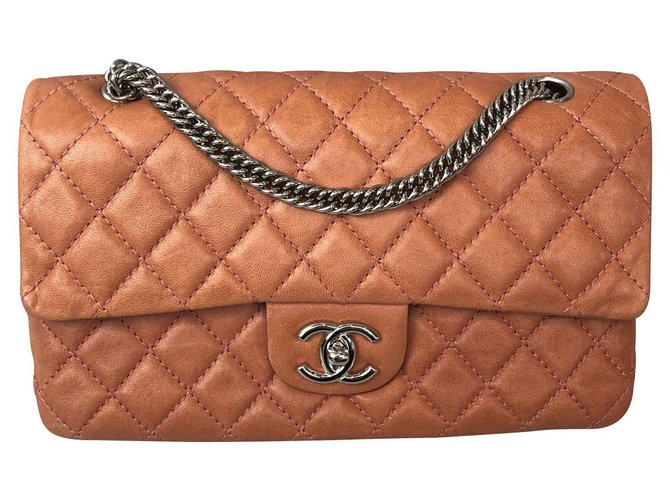Timeless Chanel clássico Rosa Laranja Coral Couro  ref.123158