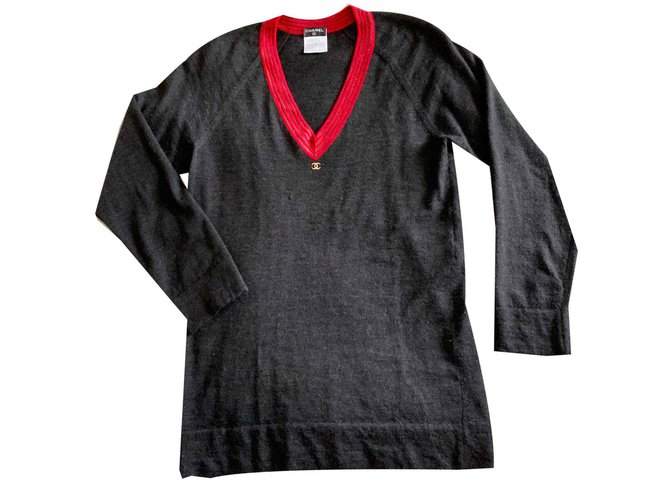 Chanel Vintage logo cashmere sweater Grey  ref.123166