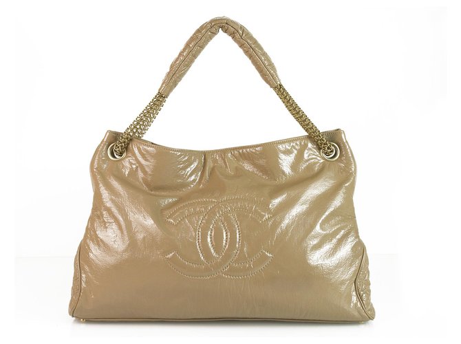 Chanel Large CC Beige Nude Patent Vinyl Rock & Chain Large XL Cabas Bag Handbag Patent leather  ref.123411