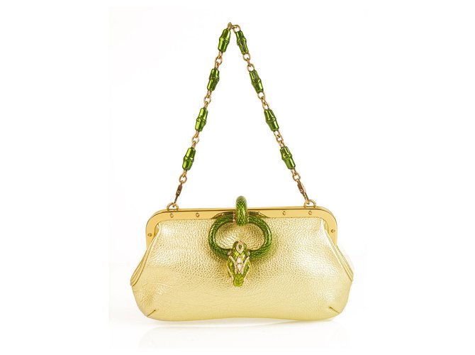 Gucci Tom Ford Gold Leather Green Enamel Snake Handbag S/S 2004