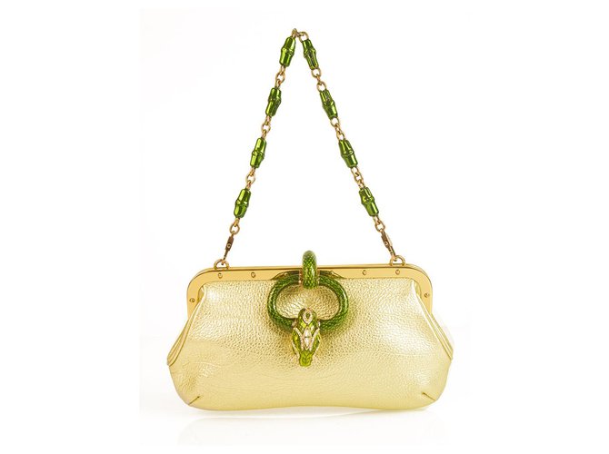 Sac à main Gucci Tom Ford en cuir doré avec émail vert et serpent S / S 2004 poignée en bambou  ref.123436