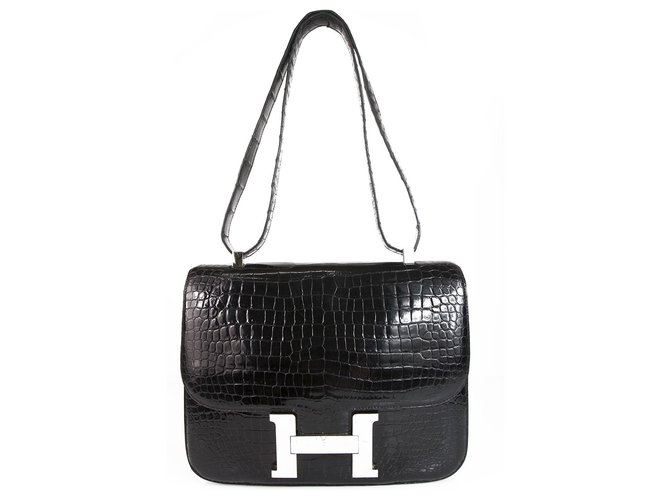 Hermès HERMES Constance Cartable 29 Black Shinny Crocodile Porosus Palladium Hardware Negro Cueros exoticos  ref.123454