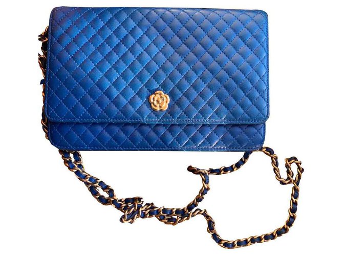 Wallet On Chain Chanel WOC Azul Couro  ref.123534