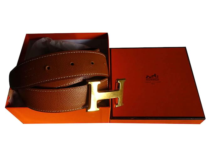 Hermes Hermes Brown Leather x Gold Tone H Buckle Belt Size 75