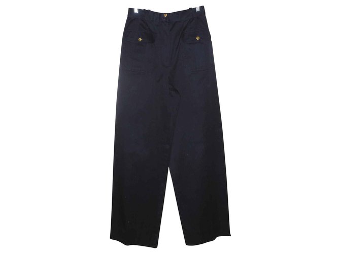 Chanel cintura alta Calças Coleção Verão 1989 soberba Azul marinho Algodão  ref.123760