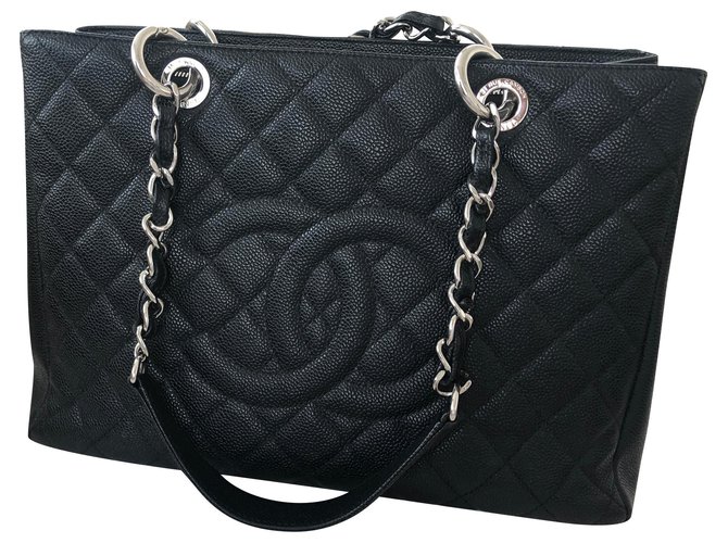 Chanel Grand Shopping Handbag Black and Silver CC EXCELENTE CONDICIÓN Like New Large Size Negro Cuero  ref.123891