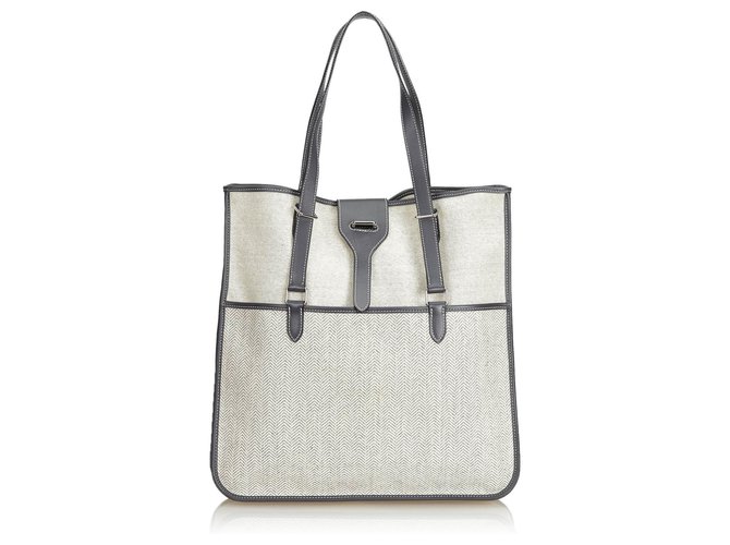 Hermès Hermes White Canvas Tote Bag Grey Cream Leather Cloth Cloth  ref.123990