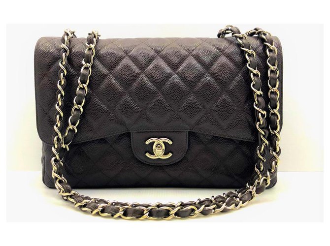 Timeless Chanel Dark Brown Caviar Jumbo classic flap Leather  ref.124122