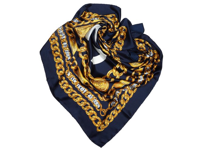 Lenço de seda impresso Chanel azul Dourado Azul marinho Pano  ref.124137
