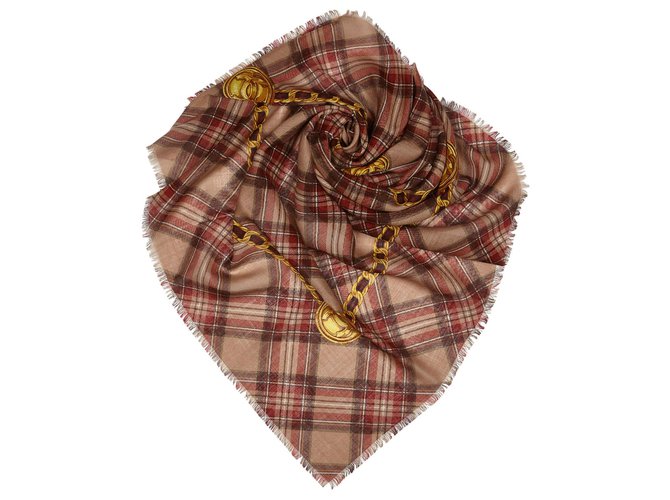 Chanel Écharpe en soie cachemire écossaise Tissu Marron Multicolore Beige  ref.124138