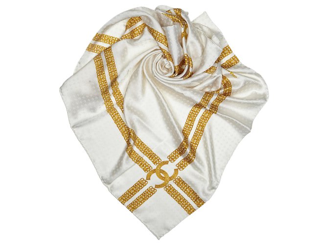 Chanel White Printed Silk Chain Scarf Golden Cloth  ref.124197