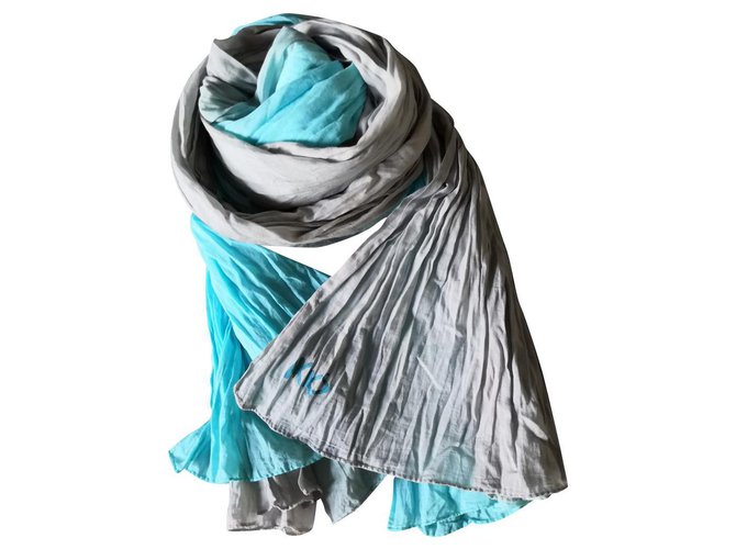 IKKS scarf cotton crinkle neckline NEW Grey Turquoise  ref.124347