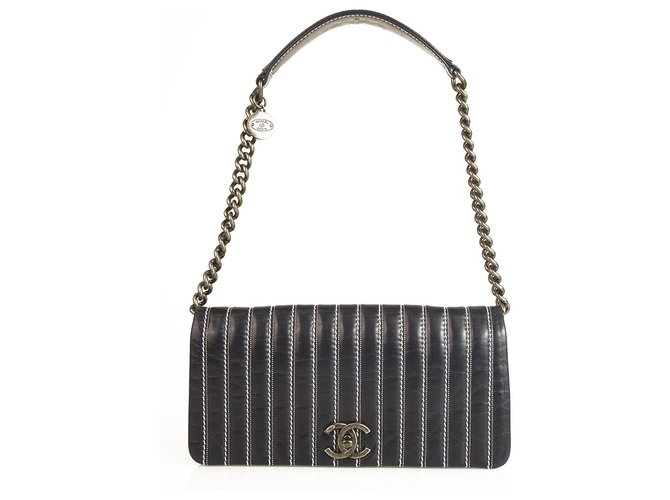 Chanel Dark Blue Leather White Stitch Single Flap Bag with gunmetal hardware  ref.124645