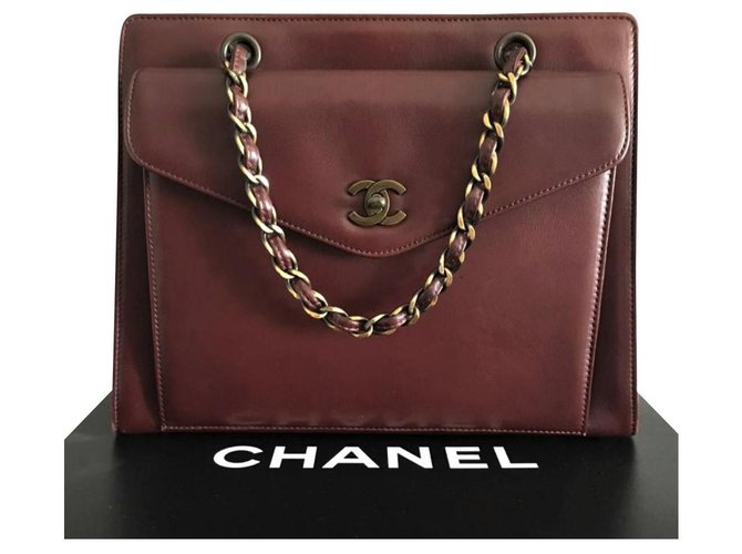 Tote do Bordéus de Chanel do vintage com GHW Bordeaux Couro  ref.124678