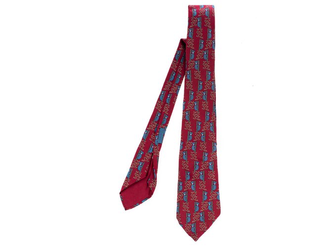 Hermès printed silk tie, motive: "Panda" in very good condition! White Red Blue  ref.124704