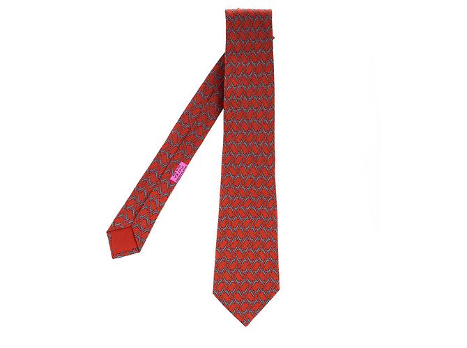Hermès printed silk tie with geometric print, In very good shape! Red