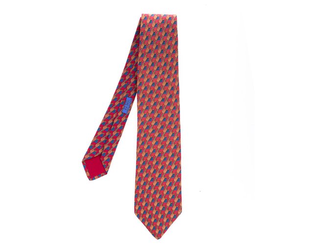 Hermès tie in red and brown printed silk, In very good shape !  ref.124708