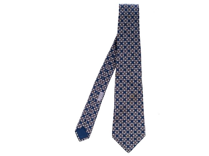 Hermès tie in navy blue printed silk, In very good shape!