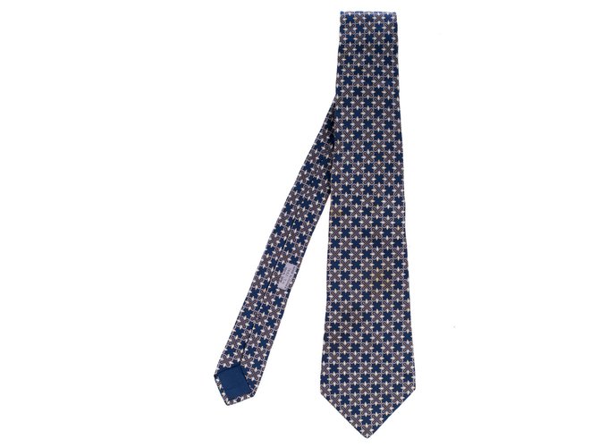 Hermès tie in navy blue printed silk, In very good shape!  ref.124709