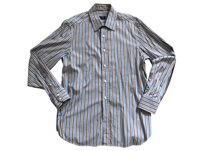 Massimo Dutti chemise à rayures bleu blanc brun T. XL (43-44) Coton Marron  ref.124790