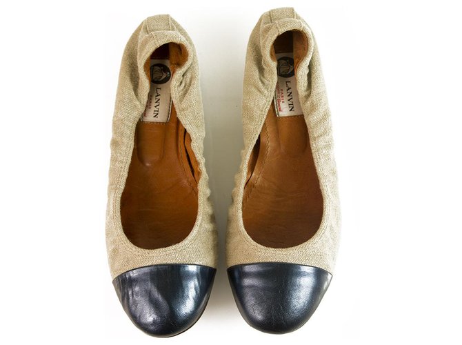 LANVIN Beige linen blue leather cap toe elasticated trim ballet shoes flats ballerina size 38  ref.124810