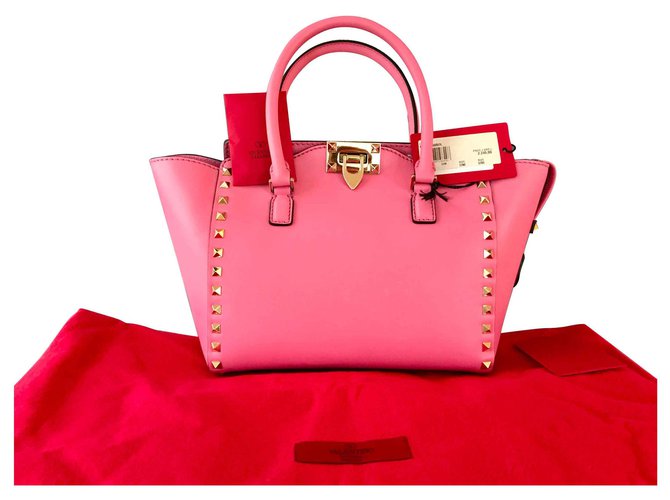 Valentino Pink Leather Rockstud Small Double Handle Tote Bag