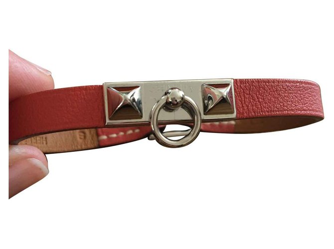 Hermès Rival mic Silvery Red Leather Metal  ref.124836