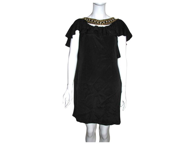 Temperley London Vestido de seda adornado Negro Dorado Metal Elastano  ref.124842