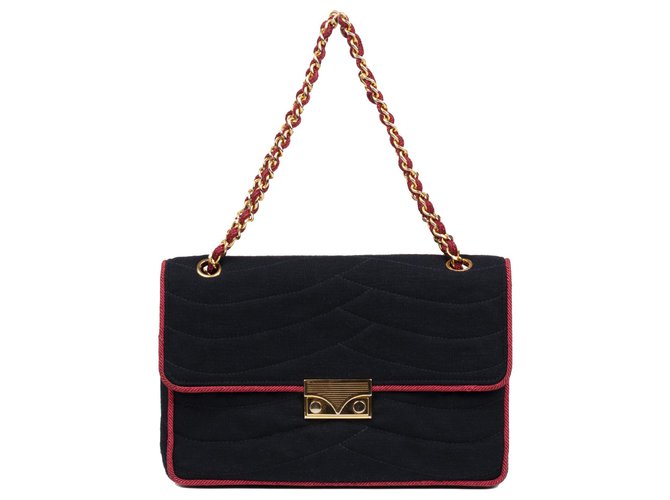 Adorável bolsa Chanel vintage em jérsei azul marinho e cordão vermelho em bom estado! Algodão  ref.124844