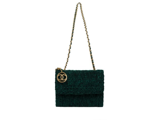 Superbe sac de soirée Chanel en velours et cuir vert en très bon état!  ref.124846