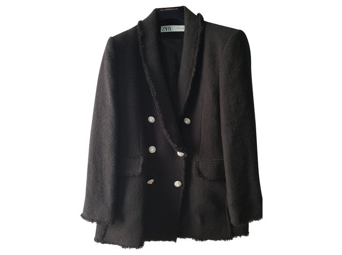 Zara veste en tweeed bouclée Toile Noir  ref.125031