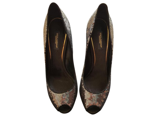 Dolce & Gabbana The dark silver/black sequine mix heels Silvery Leather  ref.125156