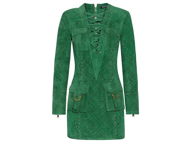Balmain dress in green woven suede  ref.125181
