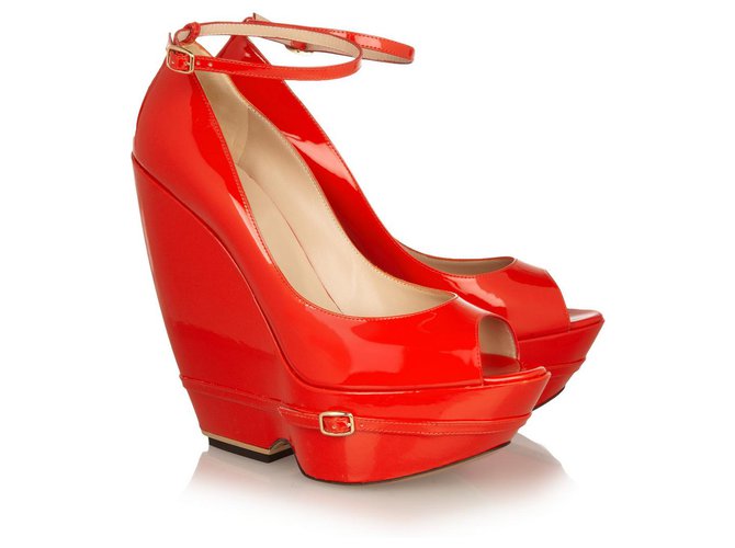 red patent pumps
