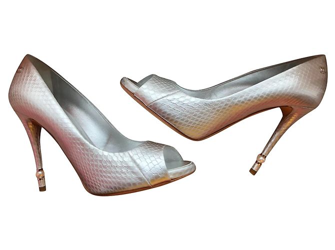 Chanel Python Open Toe Heels with Pearl Grey
