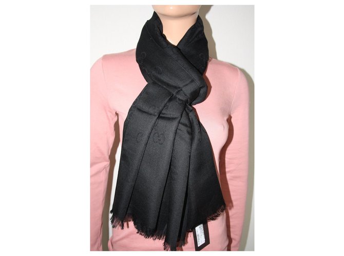 GUCCI Gucci GG pattern scarf black 70% wool / silk 30%  ref.125508