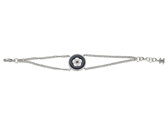 Chanel Silver Camellia Metal pulsera Negro Plata  ref.125565
