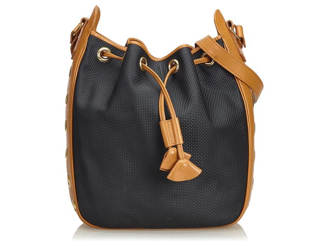 Yves Saint Laurent YSL Black Drawstring Shoulder Bag Brown Leather Plastic  ref.125775