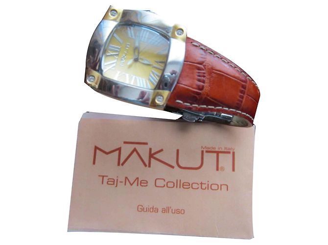 Autre Marque Relógio Makuti Taj-Me em couro de crocodilo marrom com brocado Prata Dourado