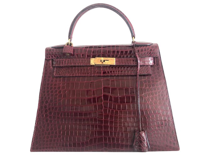 Hermès hermes kelly 28 Crocodile Bordeaux Dark red Exotic leather  ref.125951