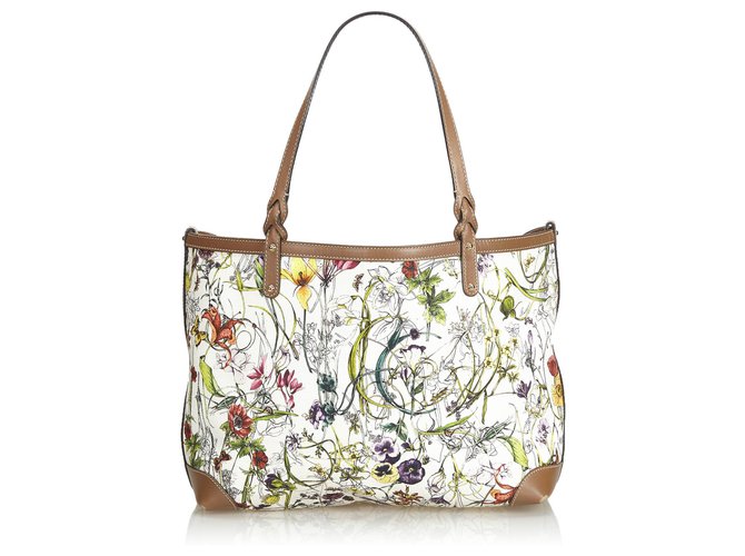 Tote Bag Craft Flora bianca Gucci Bianco Multicolore Pelle Tela Panno  ref.126278