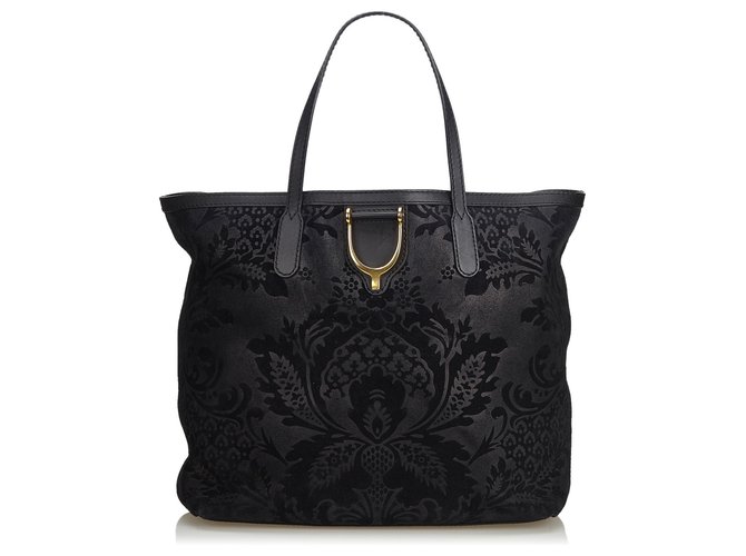 Gucci Black Brocade Leather Stirrup Tote Bag  ref.126322