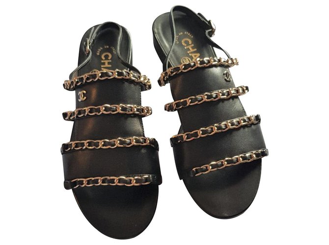 Chanel sandalias negras de la UE37 Negro Cuero  ref.126445