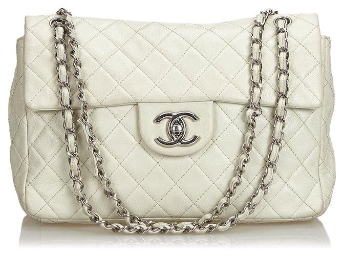 Timeless Chanel Branco Clássico Jumbo Caviar Single Flap Bag Couro  ref.126488