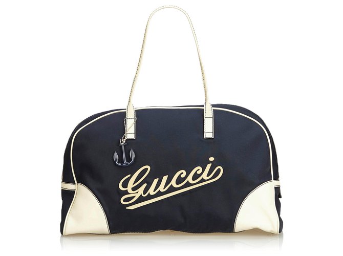 Gucci Blue Nylon Logo Duffle Bag White Navy blue Leather Cloth  ref.126528