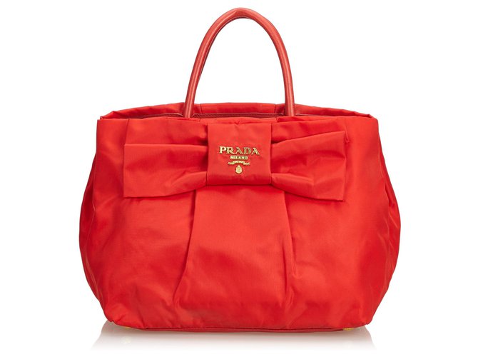 Prada Red Nylon Bow Handbag Vermelho Couro Pano  ref.126544
