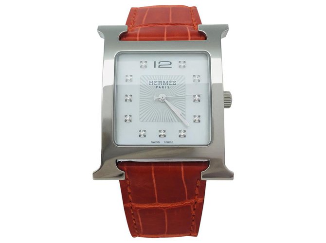 Hermès watch model "Hour H" very large model, steel on leather.  ref.126799