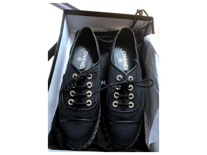 Chanel Black zapatos de alpargata con cordones de la UE37.5 Negro Paño  ref.127036