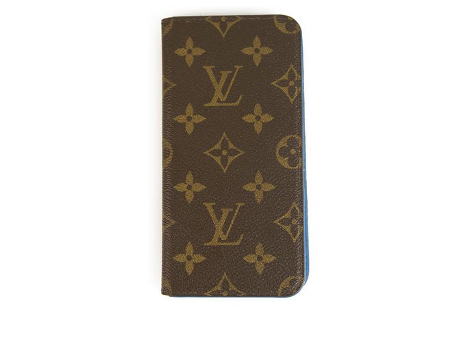 Louis Vuitton Monogram avec intérieur en cuir bleu Iphone 7 Etui portefeuille plus téléphone Marron  ref.127164